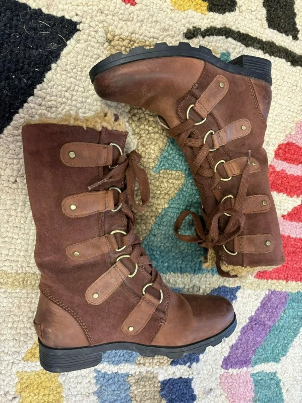 Sorel Emelie Faux Fur-Lined Brown Suede Leather Lace Up Shearling Boots Size 6